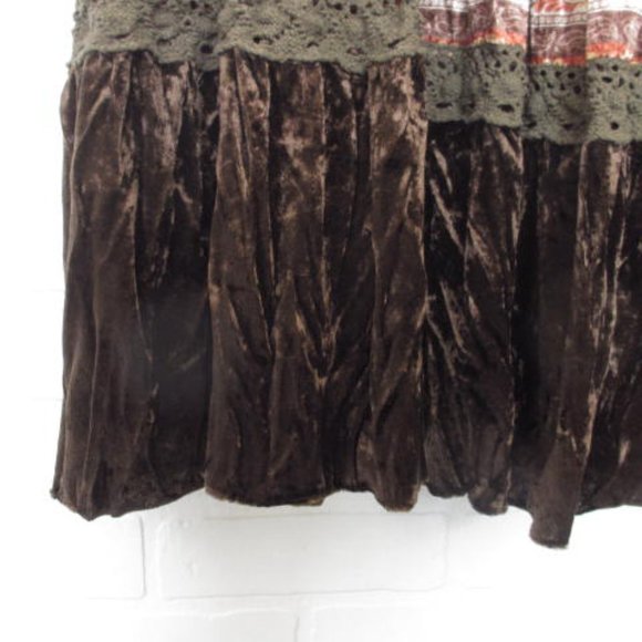 Temptation Italy Brown Velvet Boho Gypsy Lace Trim 2 Piece Top and Skirt - Picture 11 of 16